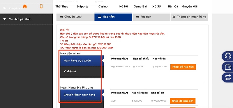 Cách nạp tiền OLE777 phổ biến